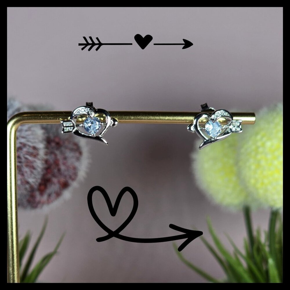 Sterling Silver Heart & Arrow Stud Earrings With‎ Sparkling CZ Stone (NWOT)